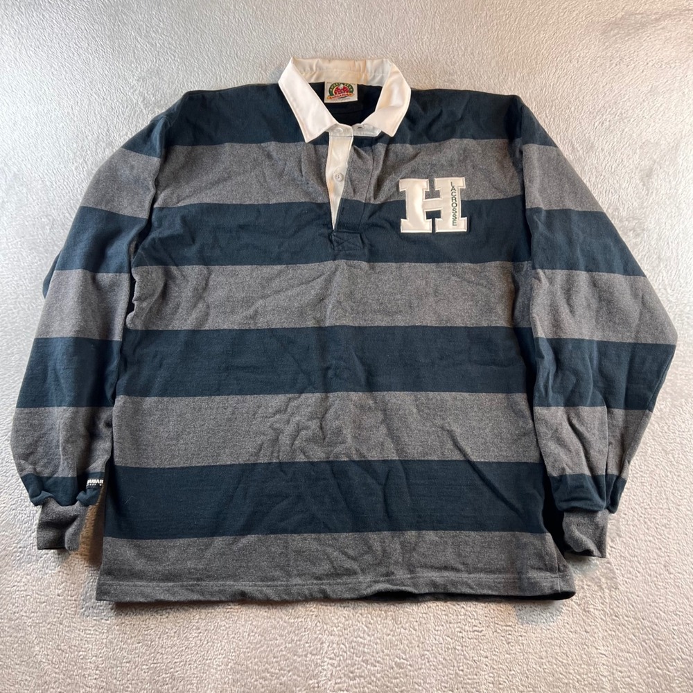 Barbarian Rugby Wear Mens 3XL Lacrosse Striped Long Sleeve Polo Shirt Blue Grey